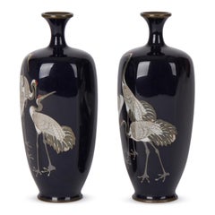 Antique Pair of Japanese Meiji Cloisonne Crane Vases, 19th Century