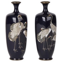 Antique Pair of Japanese Meiji Cloisonne Crane Vases, 19th Century