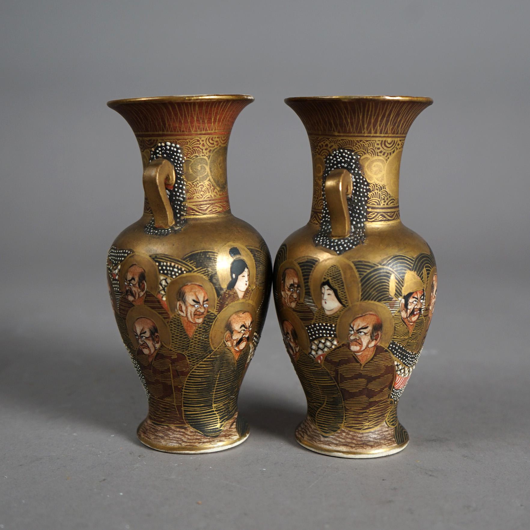 Gilt Antique Pair Japanese Meiji Satsuma 1000 Faces Porcelain Vases Circa 1900