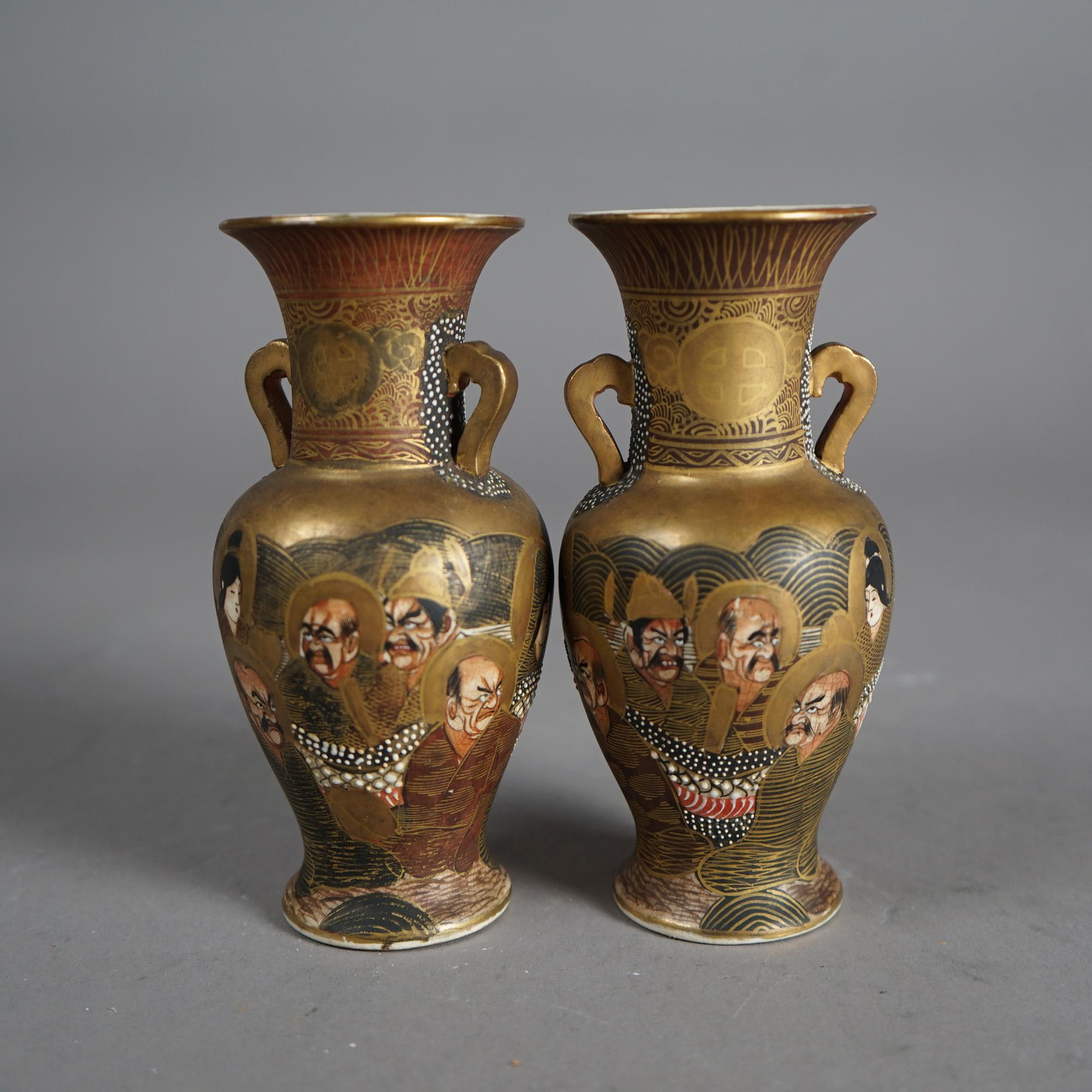 Antique Pair Japanese Meiji Satsuma 1000 Faces Porcelain Vases Circa 1900 In Good Condition In Big Flats, NY