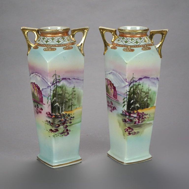 Antique Pair Japanese Nippon Porcelain Hand Painted Scenic Vases, circa