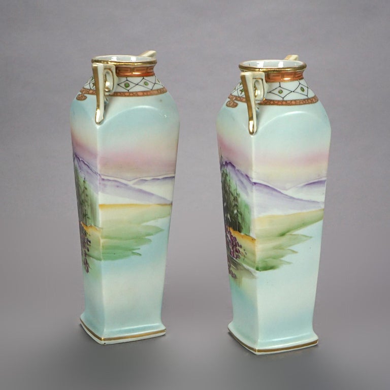 Antique Pair Japanese Nippon Porcelain Hand Painted Scenic Vases, circa