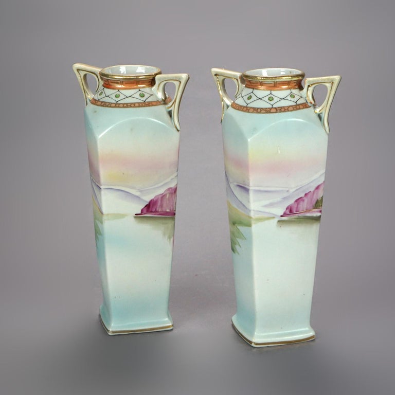 Antique Pair Japanese Nippon Porcelain Hand Painted Scenic Vases, circa
