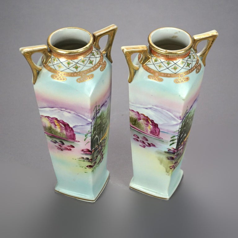 Antique Pair Japanese Nippon Porcelain Hand Painted Scenic Vases, circa