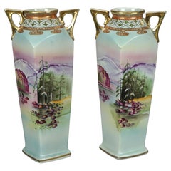 Antique Pair Japanese Nippon Porcelain Hand Painted Scenic Vases, circa 1920