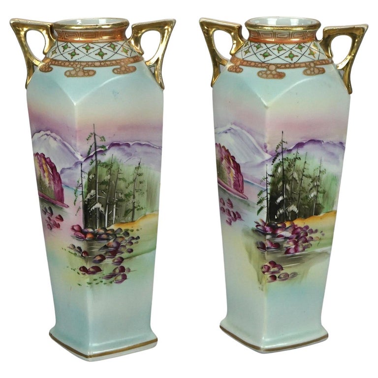 Antique Pair Japanese Nippon Porcelain Hand Painted Scenic Vases, circa