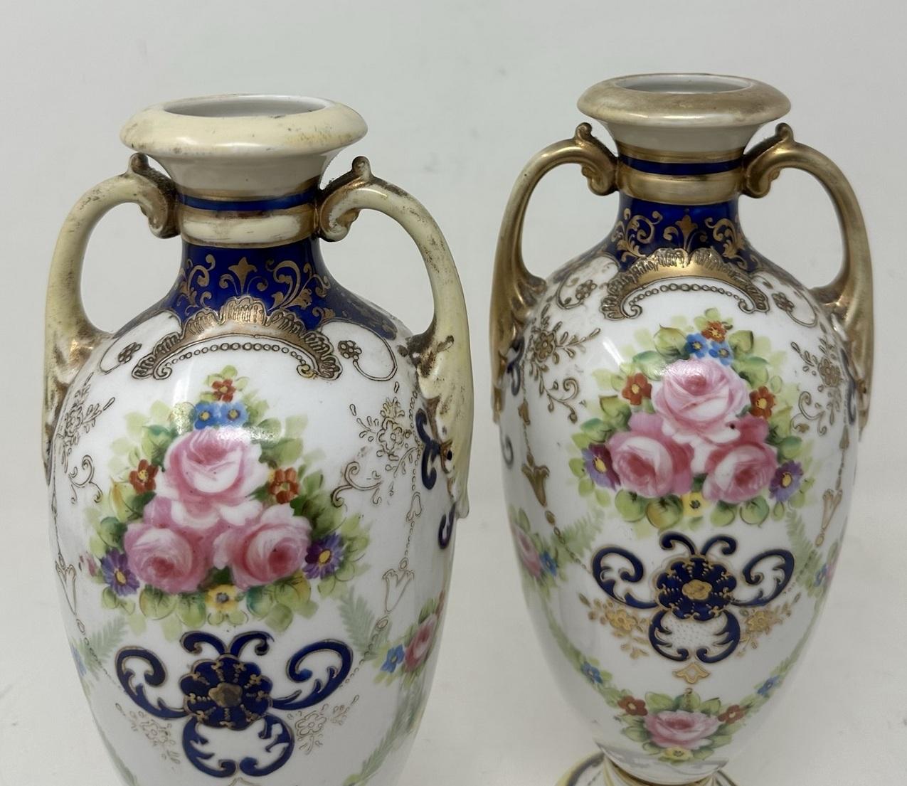 Meiji Antique Pair Japanese Noritake Hand Painted Vases Urns Centerpieces Pink Roses For Sale