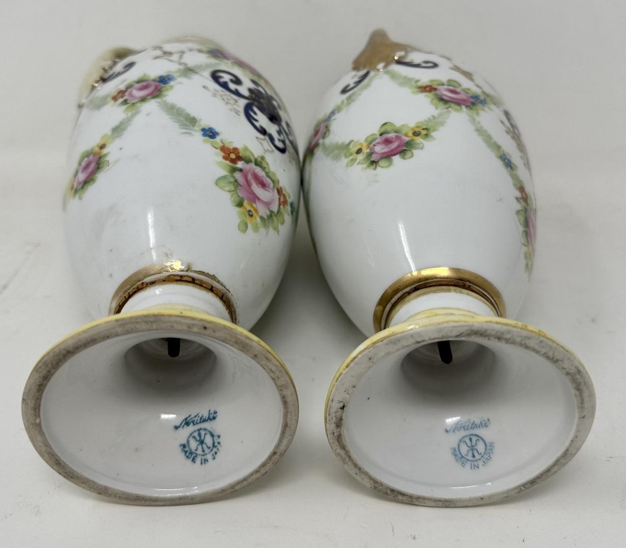 Antique Pair Japanese Noritake Hand Painted Vases Urns Centerpieces Pink Roses For Sale 1
