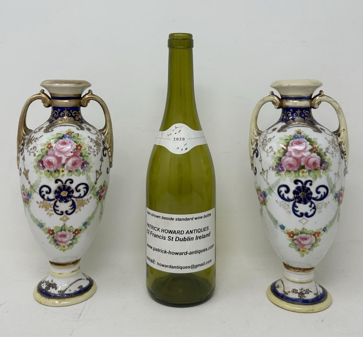 Antikes Paar japanische Noritake-Vasen, handbemalte Vasen, Urnen, Tafelaufsätze, rosa Rosen im Angebot 2