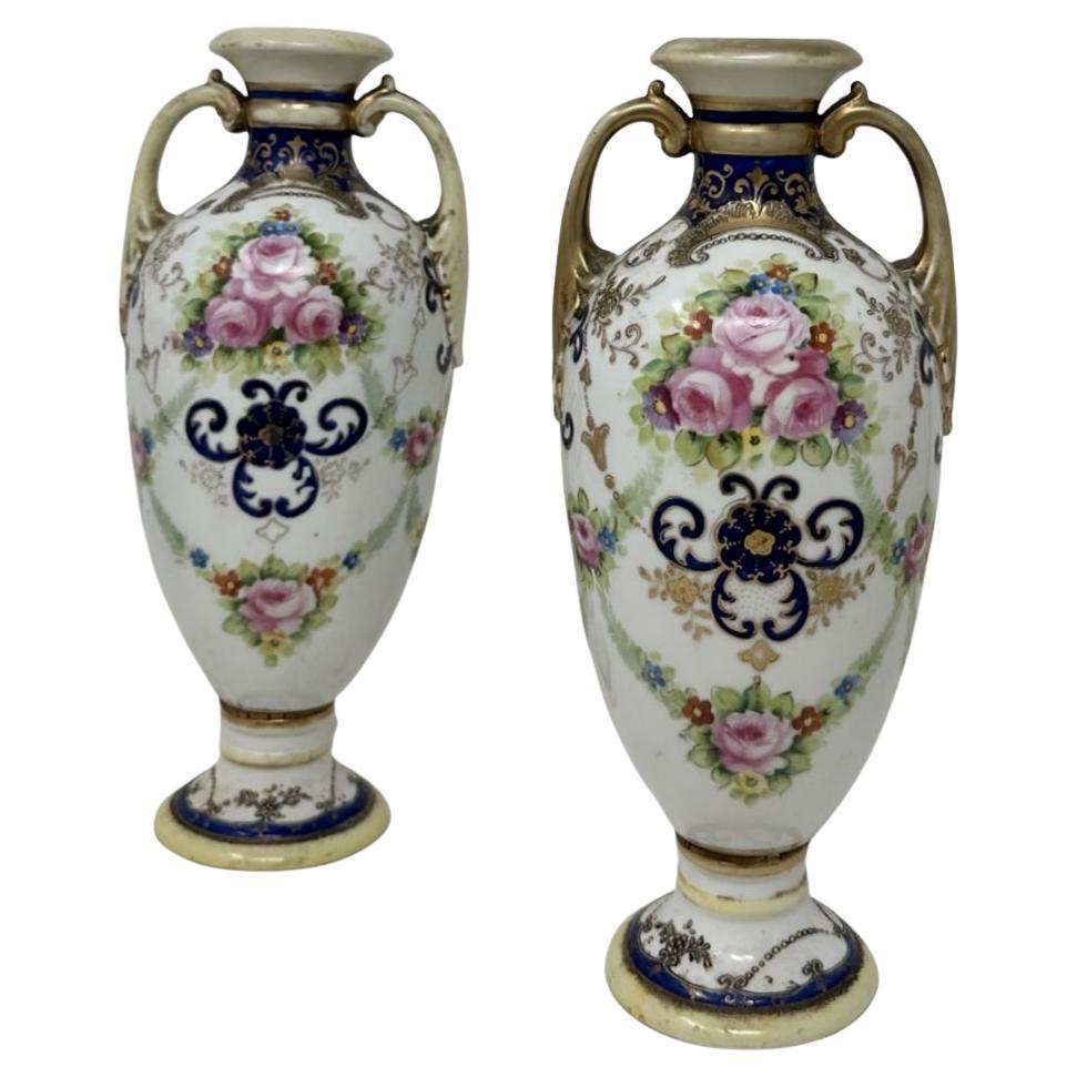 Antique Pair Japanese Noritake Hand Painted Vases Urns Centerpieces Pink Roses For Sale