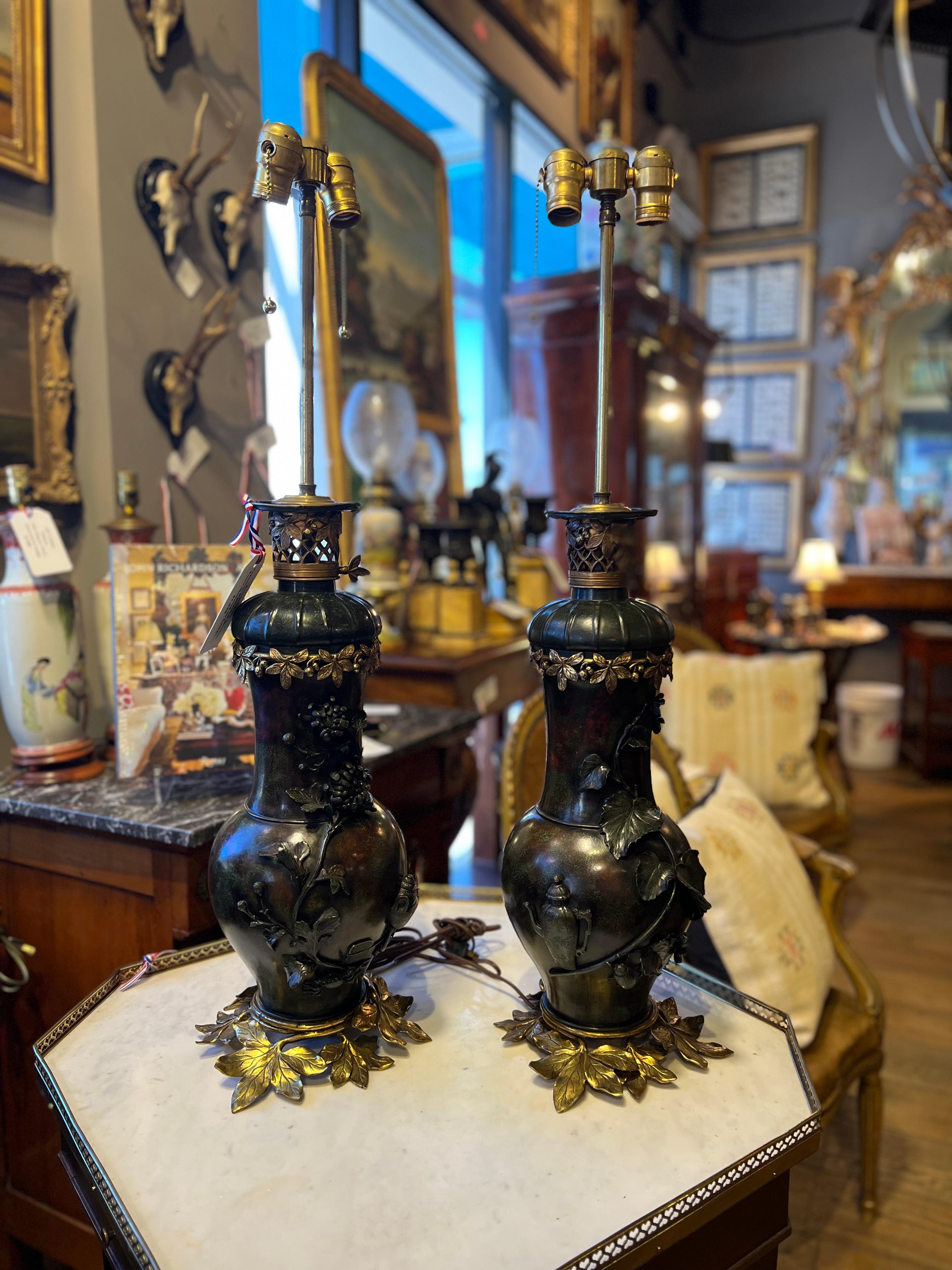Antique Pair Japanese Painted Bronze Vases Mounted as Lamps. Beautiful detailing, must see images.