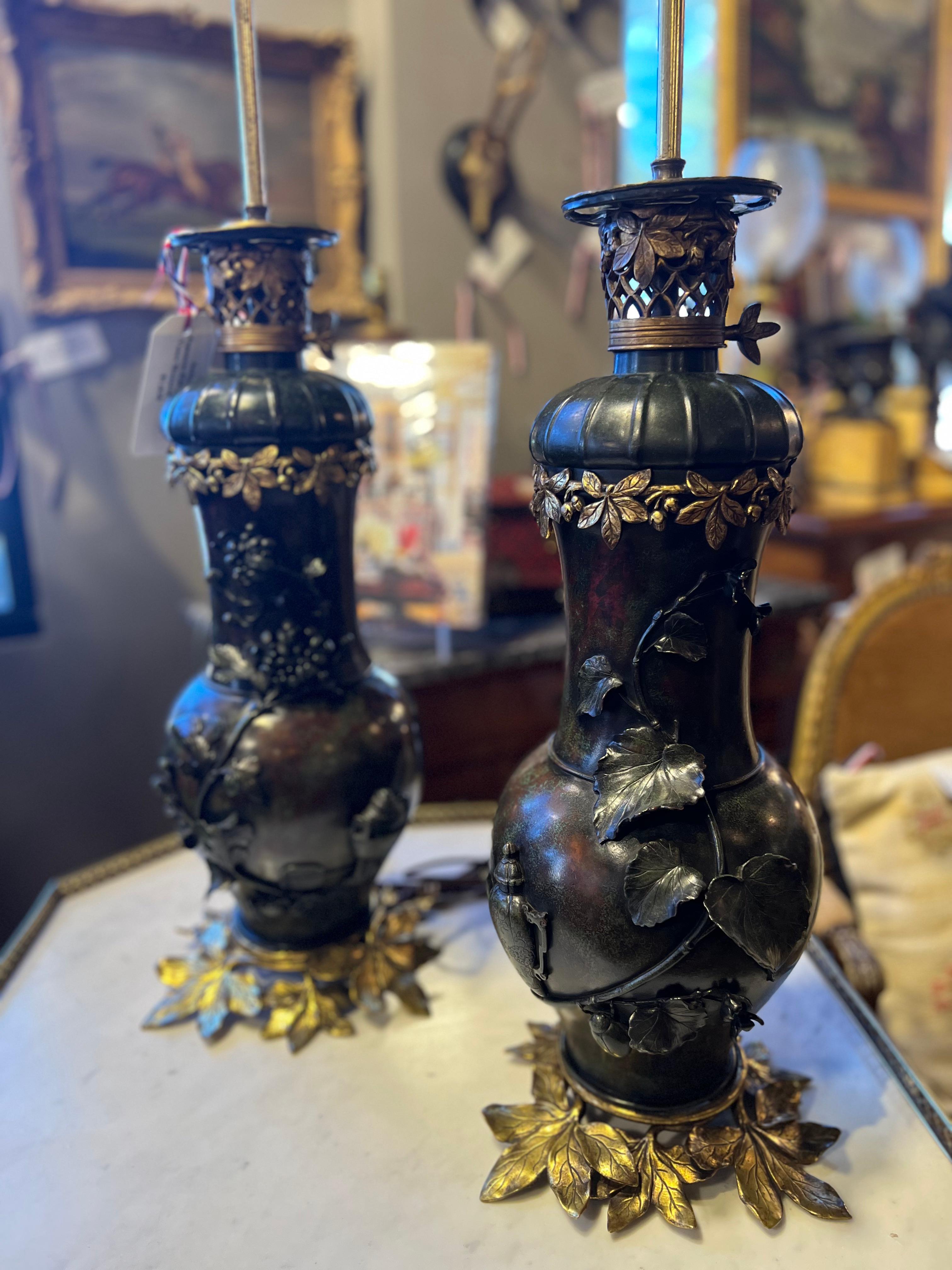 Victorian Antique Pair Japanese Painted Bronze Vases Mounted as Lamps For Sale
