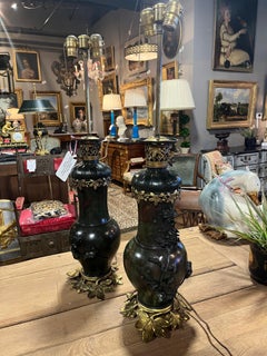 Antique Pair Japanese Patinated Bronze Vases Mounted as Lamps