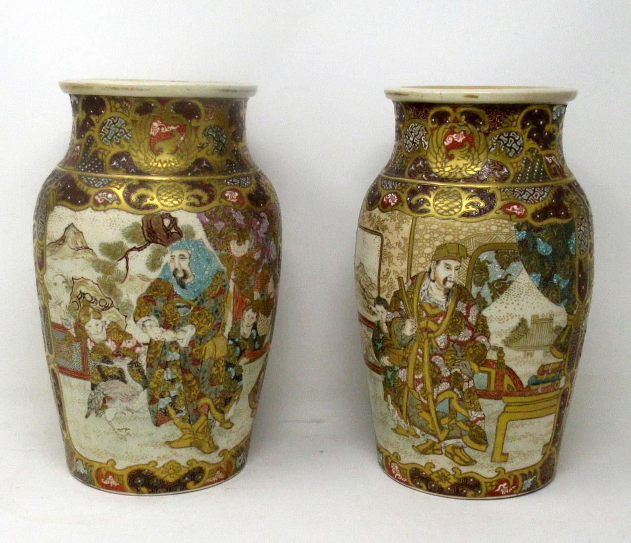 Stunning Pair of large early Meiji period Satsuma heavy gauge earthenware Rouleau Japanese Vases. These beautiful Satsuma-ware vases were made during the Meiji period (1868-1912), in this distinctive and wonderful style, and in Rouleau vase form.