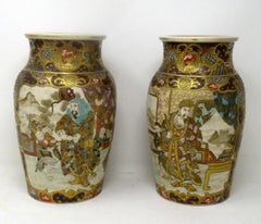 Antique Pair Japanese Satsuma Hand Painted Vase Urns Meiji Period 1868-1912