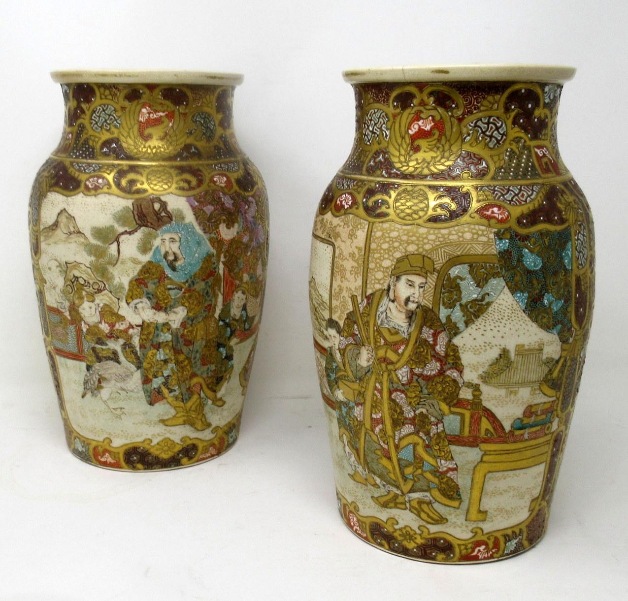 Anglo-Japanese Antique Pair Japanese Satsuma Hand Painted Vase Urns Meiji Period 1868-1912