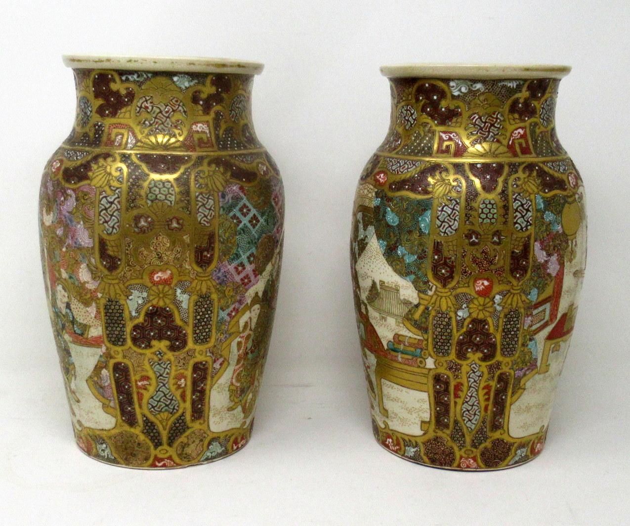 Antique Pair Japanese Satsuma Hand Painted Vase Urns Meiji Period 1868-1912 In Good Condition In Dublin, Ireland