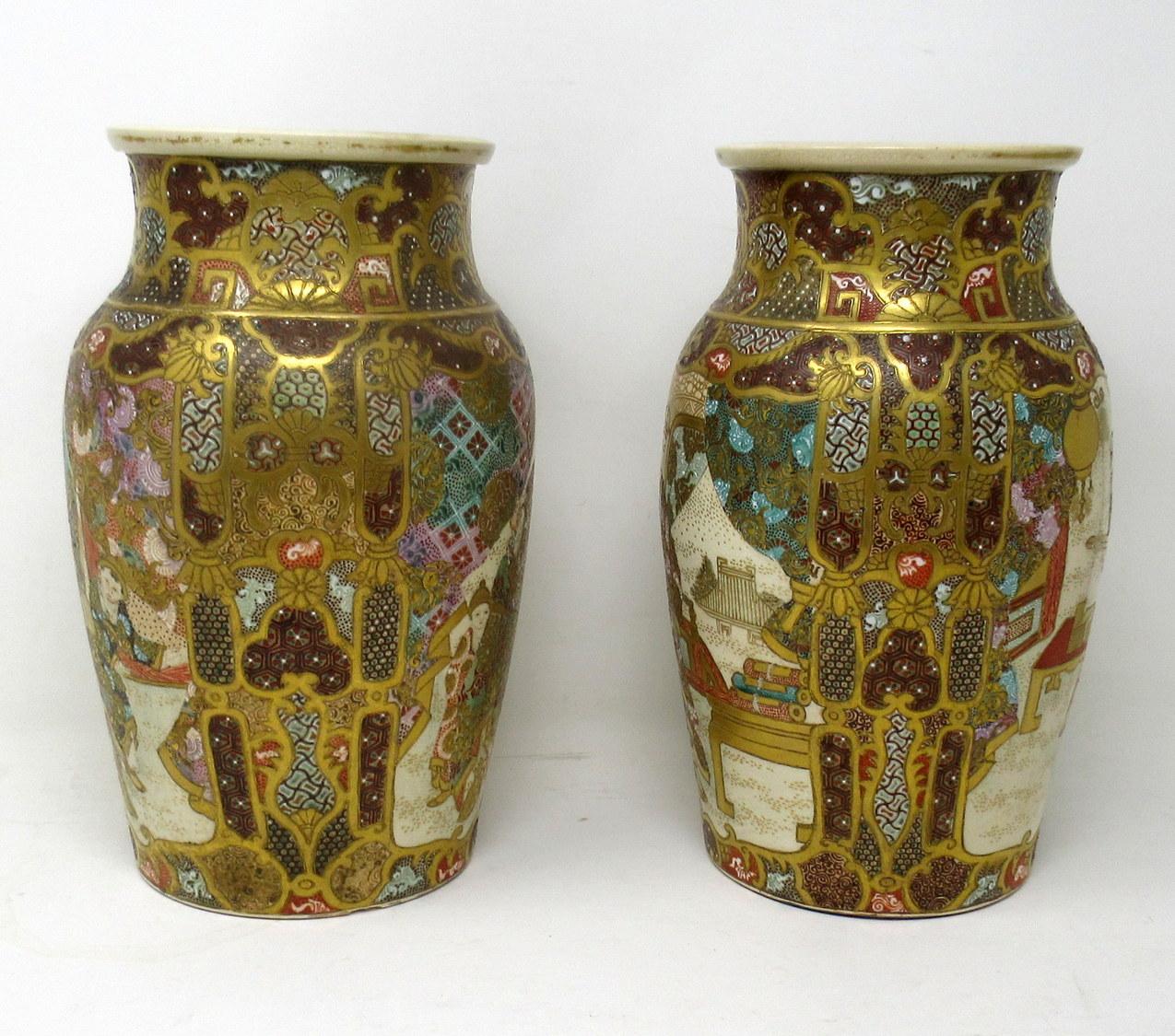 19th Century Antique Pair Japanese Satsuma Hand Painted Vase Urns Meiji Period 1868-1912