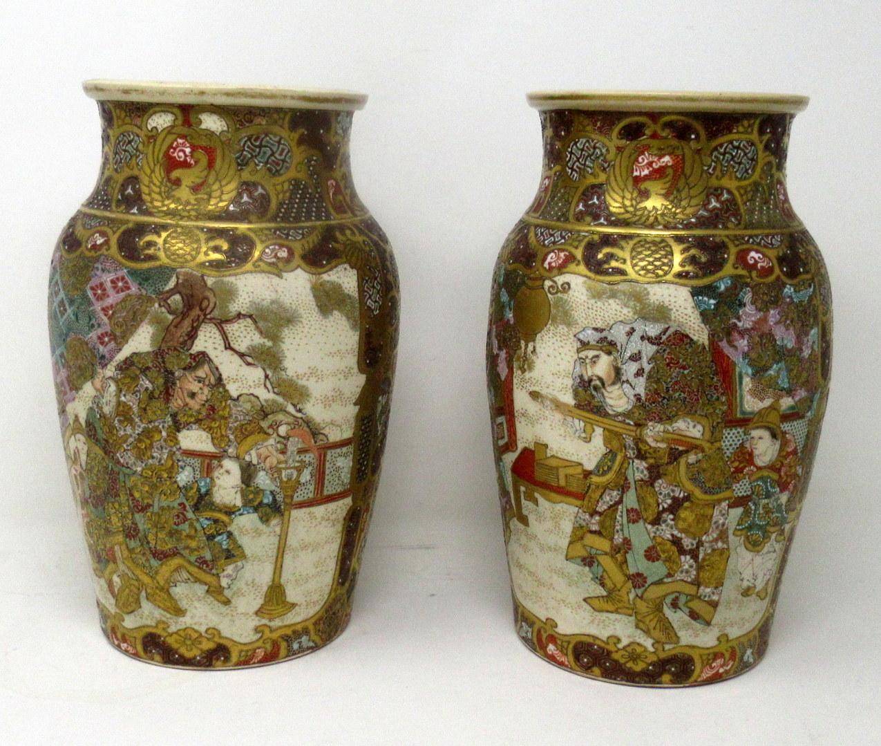 Ceramic Antique Pair Japanese Satsuma Hand Painted Vase Urns Meiji Period 1868-1912