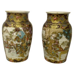 Antique Pair Japanese Satsuma Hand Painted Vase Urns Meiji Period 1868-1912 