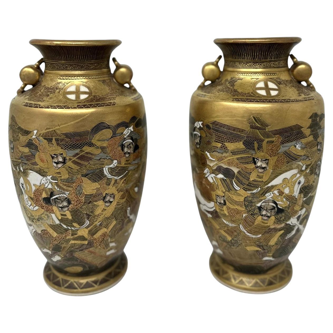 Pareja Antigua Jarrón Japonés Satsuma Pintado a Mano Urnas Periodo Meiji 1868-1912