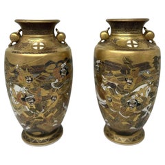 Antique Pair Japanese Satsuma Hand Painted Vase Urns Meiji Period 1868-1912