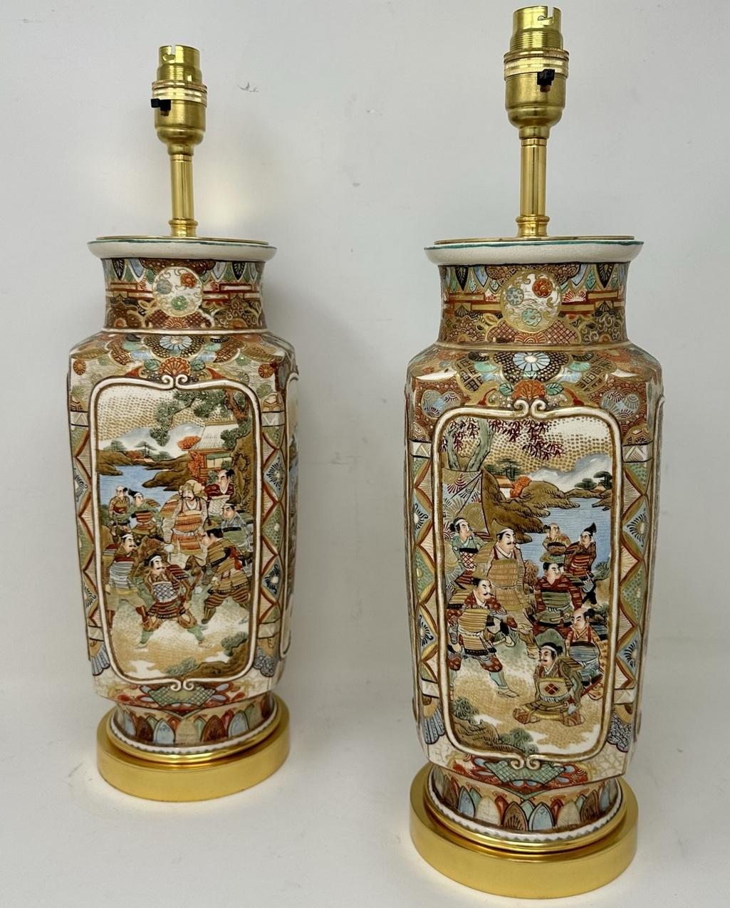 Stunning Pair of large early Meiji period Satsuma heavy gauge earthenware four-sided Japanese Vases, now converted to a Pair of Electric Table Lamps. These beautiful Satsuma-ware vases were made during the Meiji period (1868-1912), in this