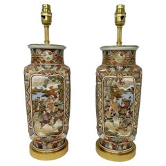 Antique Pair Japanese Satsuma Table Lamps Vases Urns Meiji Period 1868-1912 