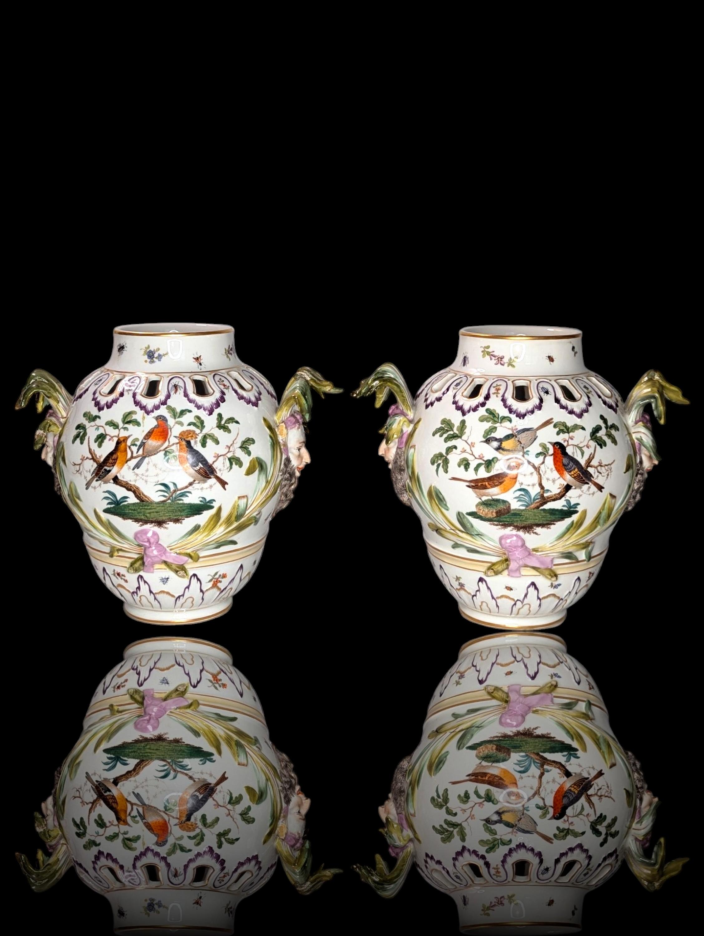 Ti presentiamo una magnifica coppia di vasi antichi in KPM Porcelain, realizzati magistralmente con una squisita miscela di arte classica e bellezza naturale. Questi vasi sorprendenti presentano uno straordinario livello di dettaglio, con volti