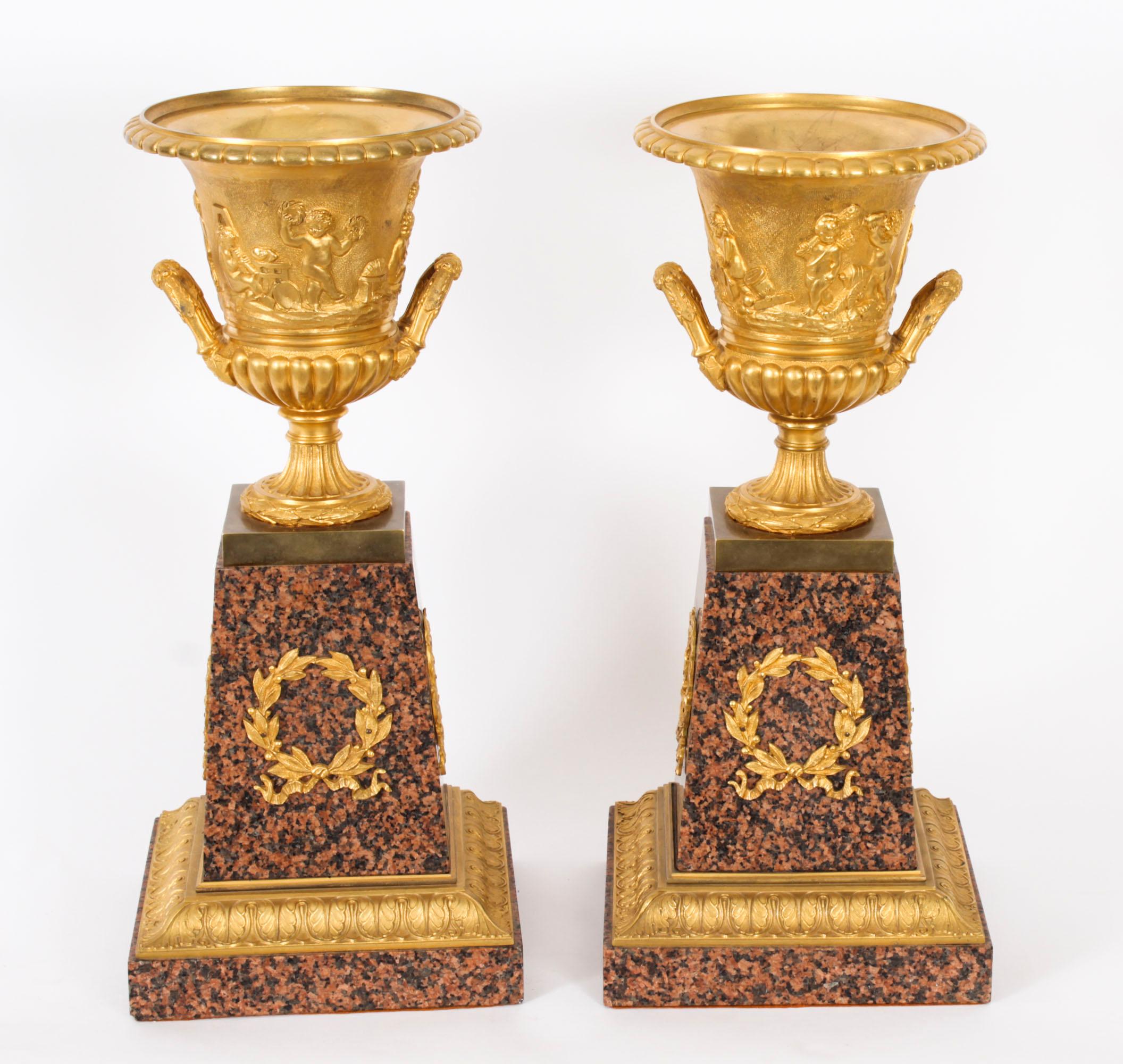 Antique Pair Large 16inch Grand Tour Gilt Bronze Campana Urns Early 20th Century For Sale 6