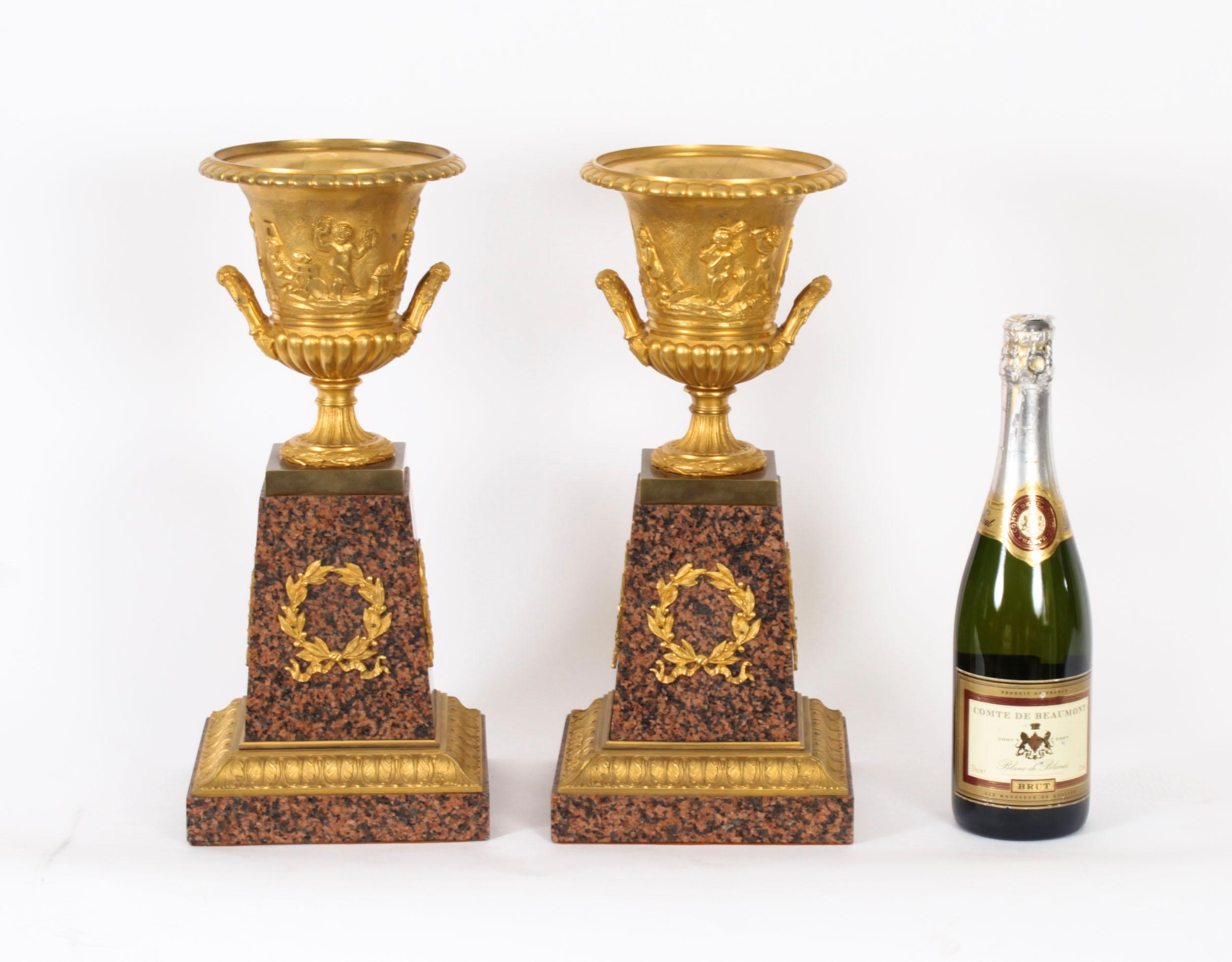 Antique Pair Large 16inch Grand Tour Gilt Bronze Campana Urns Early 20th Century For Sale 5