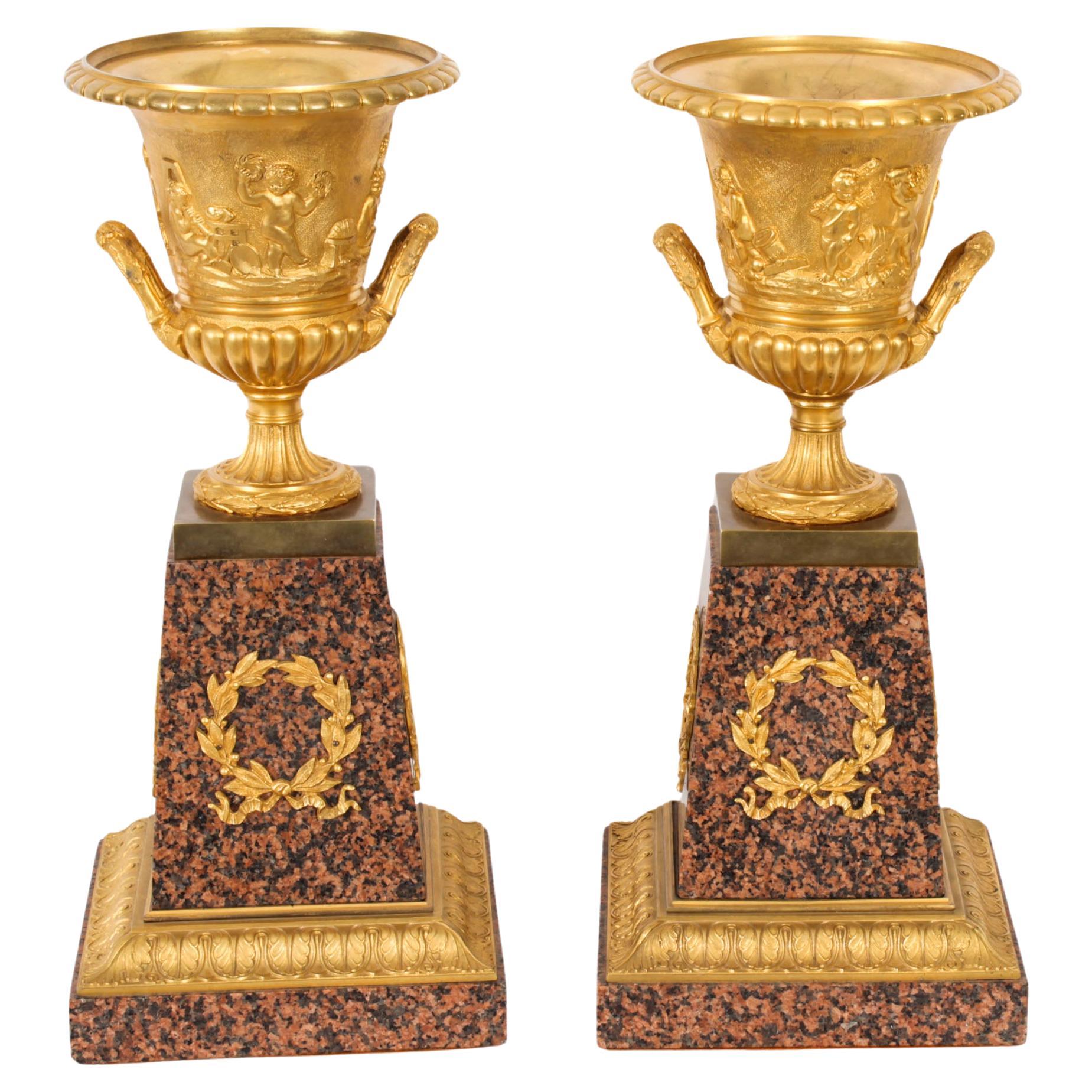 Antique Pair Large 16inch Grand Tour Gilt Bronze Campana Urns Early 20th Century For Sale