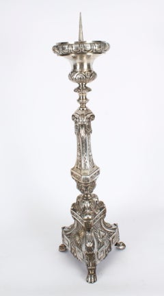 Antique Pair Large Baroque Silver Plated Ecclesiastical Candlesticks, 19th C
