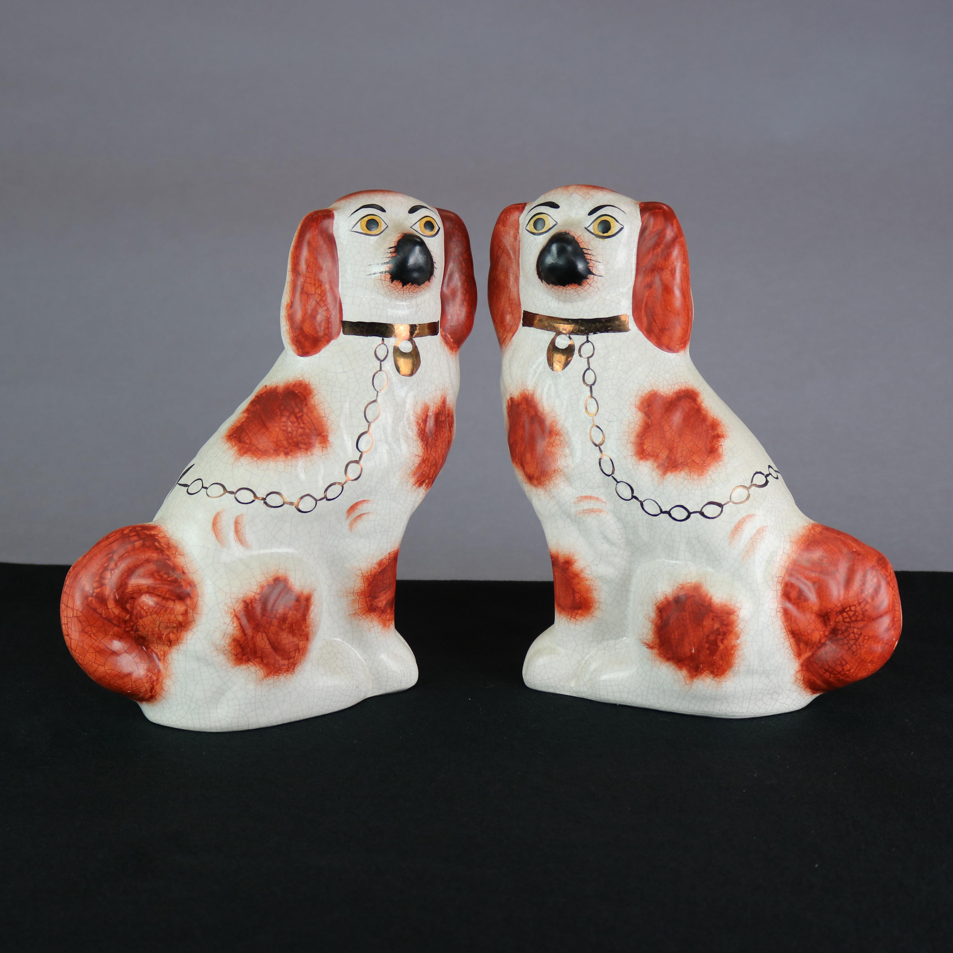 Victorian Antique Pair of Large English Staffordshire Pottery Dogs, Spaniels, circa 1900