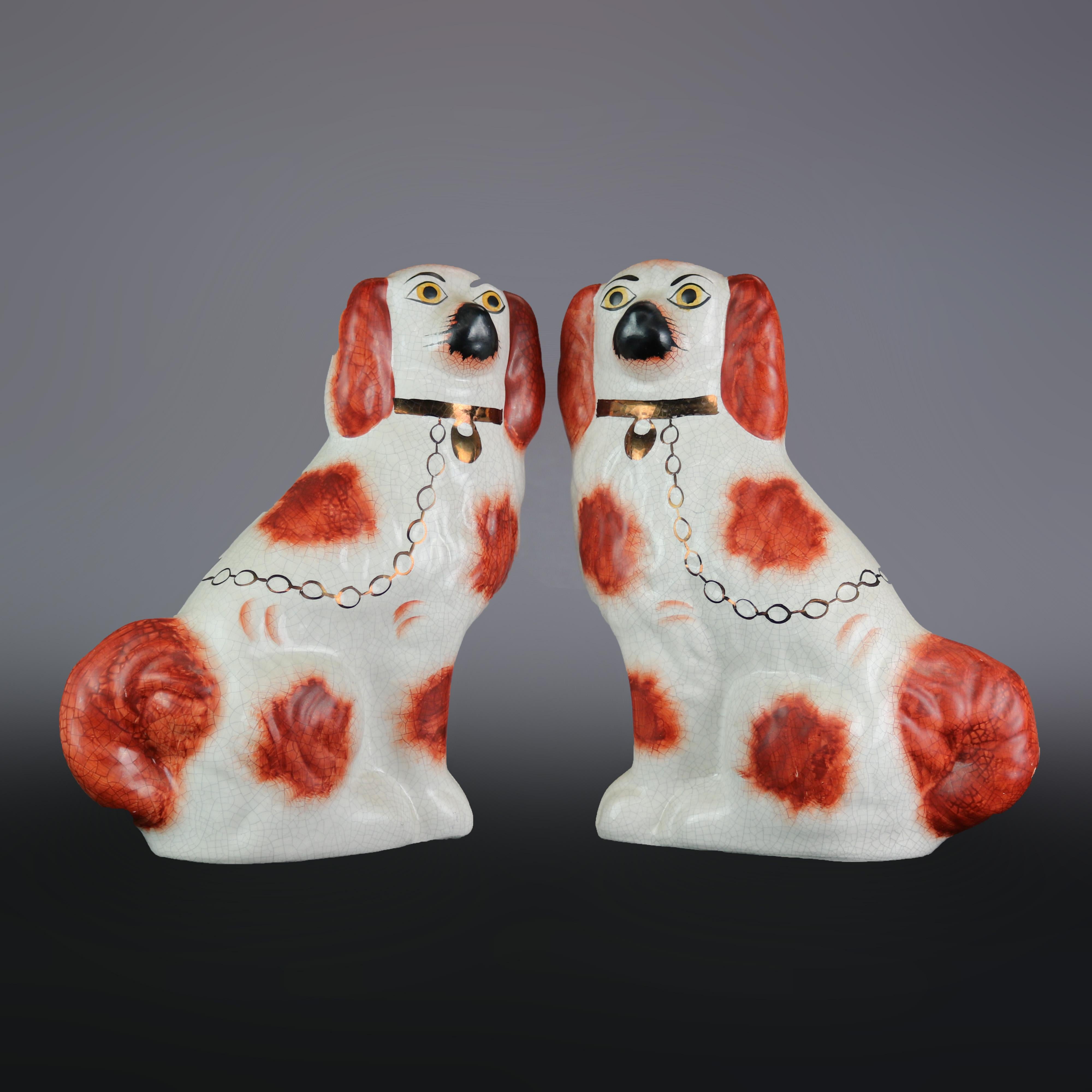 Porcelain Antique Pair of Large English Staffordshire Pottery Dogs, Spaniels, circa 1900