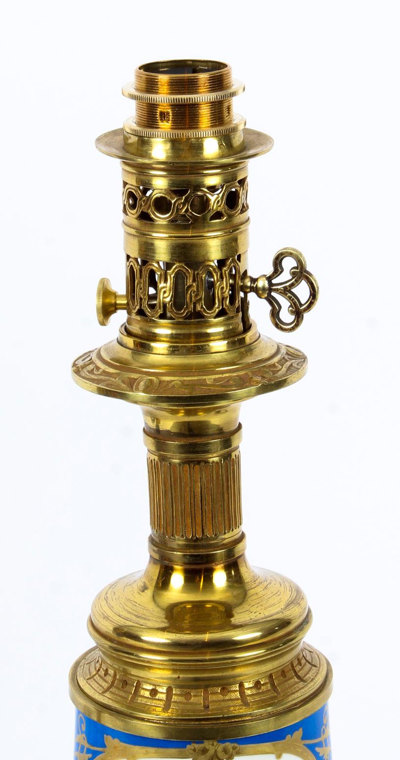 Antique Pair of French Bleu Celeste Sèvres Vases Lamps, 19th Century For Sale 5