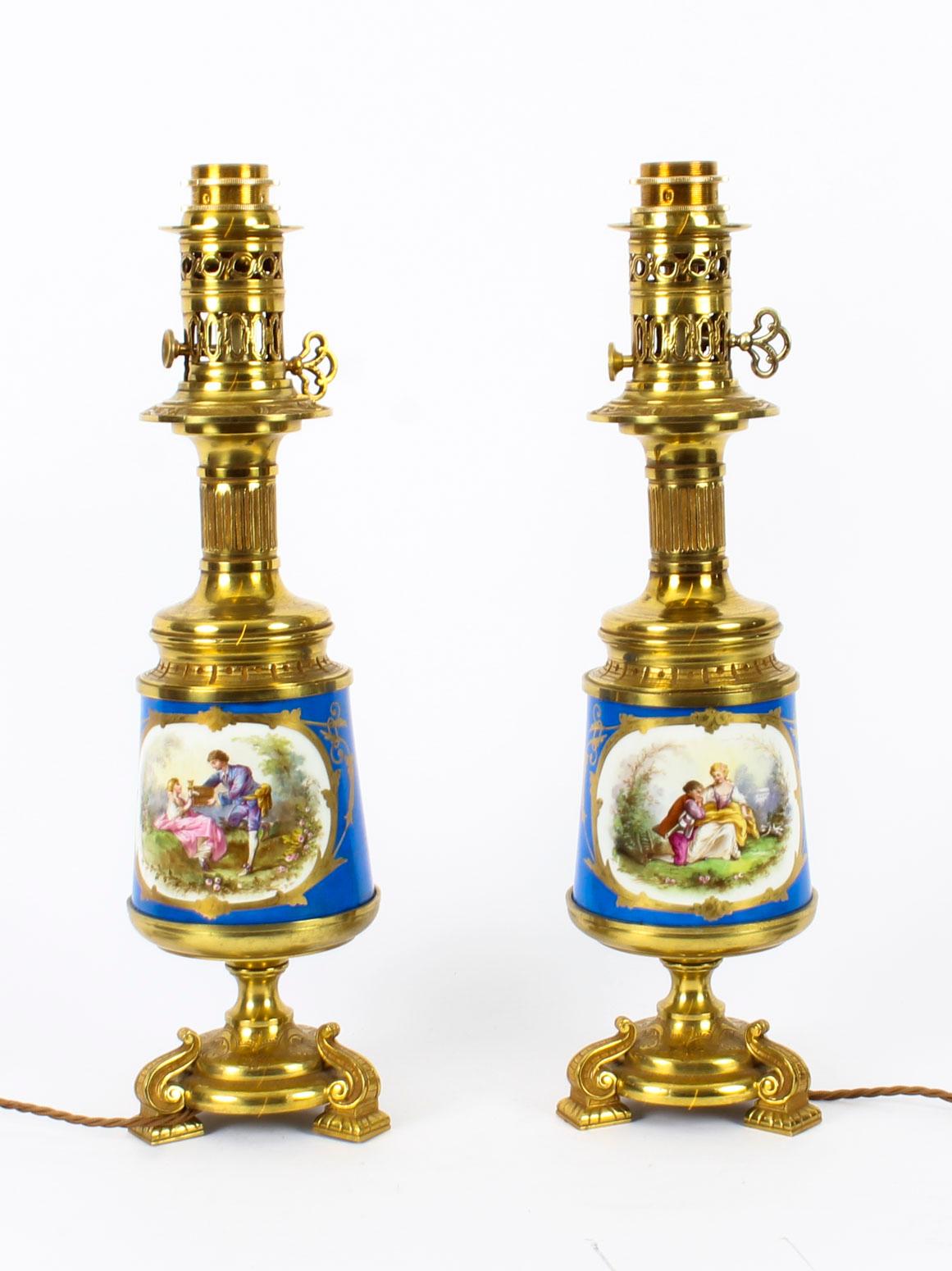 Antique Pair of French Bleu Celeste Sèvres Vases Lamps, 19th Century For Sale 14