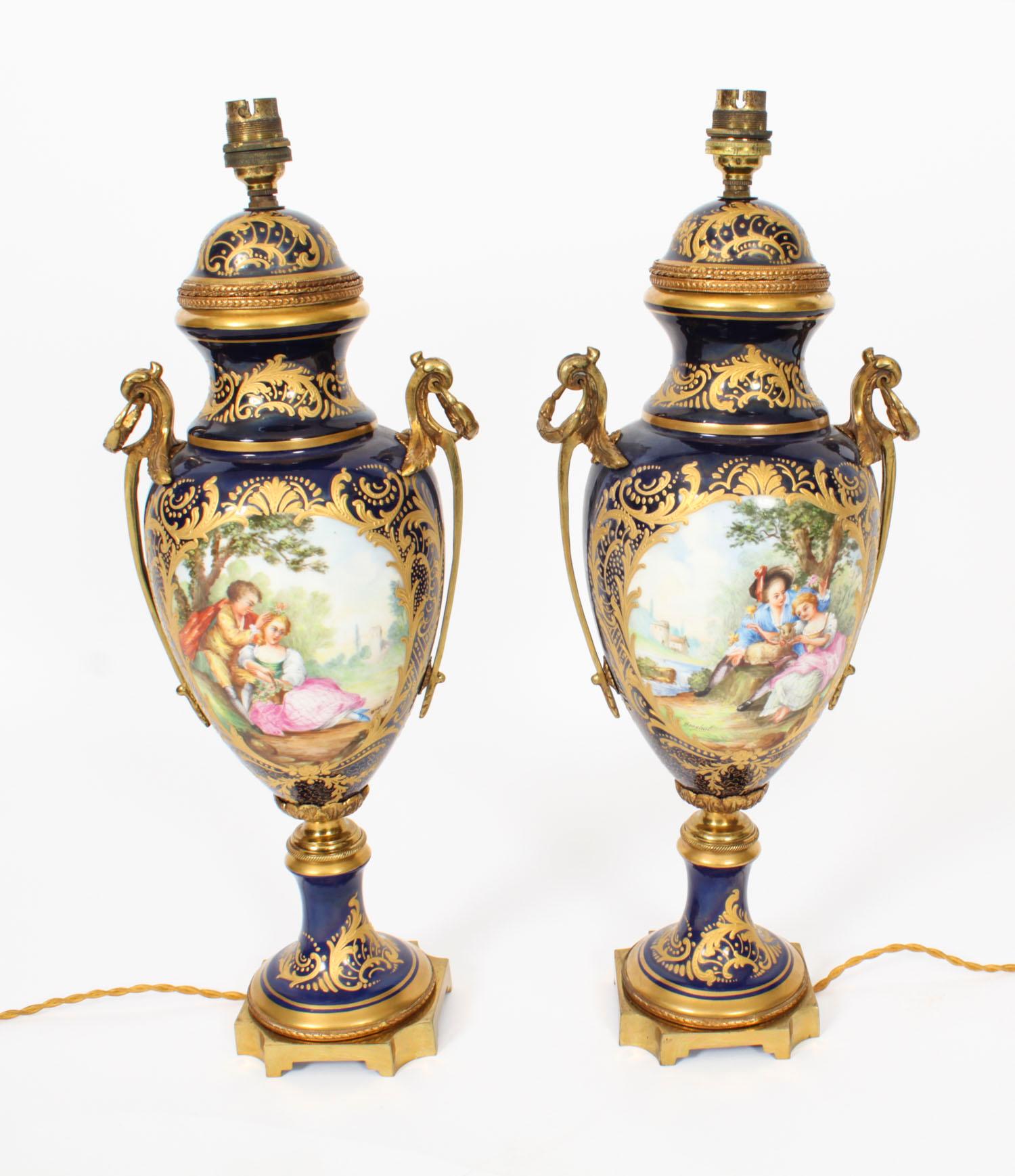 Antique Pair Large French Cobalt Blue Sevres Style Vases Lamps 19th Century 12