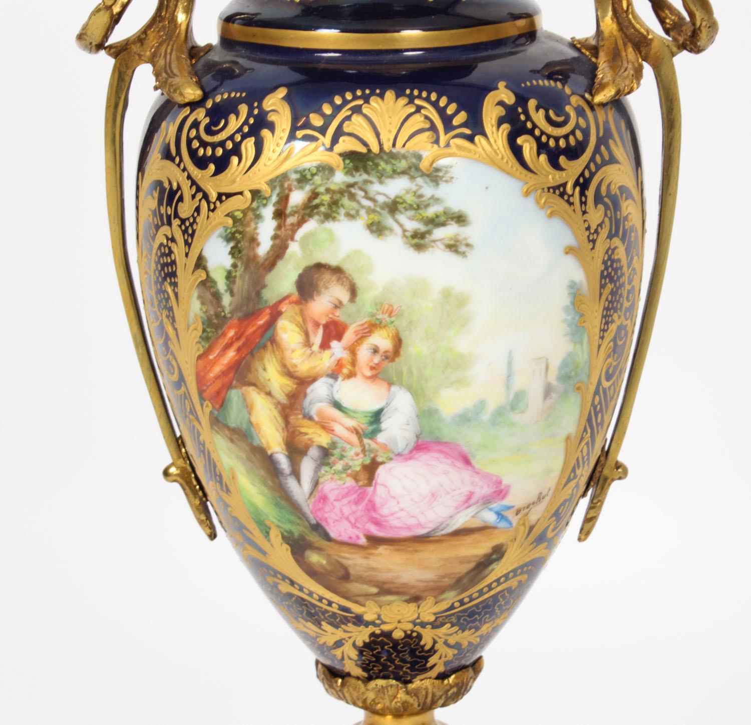 Porcelain Antique Pair Large French Cobalt Blue Sevres Style Vases Lamps 19th Century