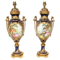 Antique Pair Large French Cobalt Blue Sevres Style Vases Lamps 19th Century