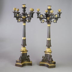 Antique Pair Large French Empire Parcel Gilt Bronze Figural Candelabras 19th C