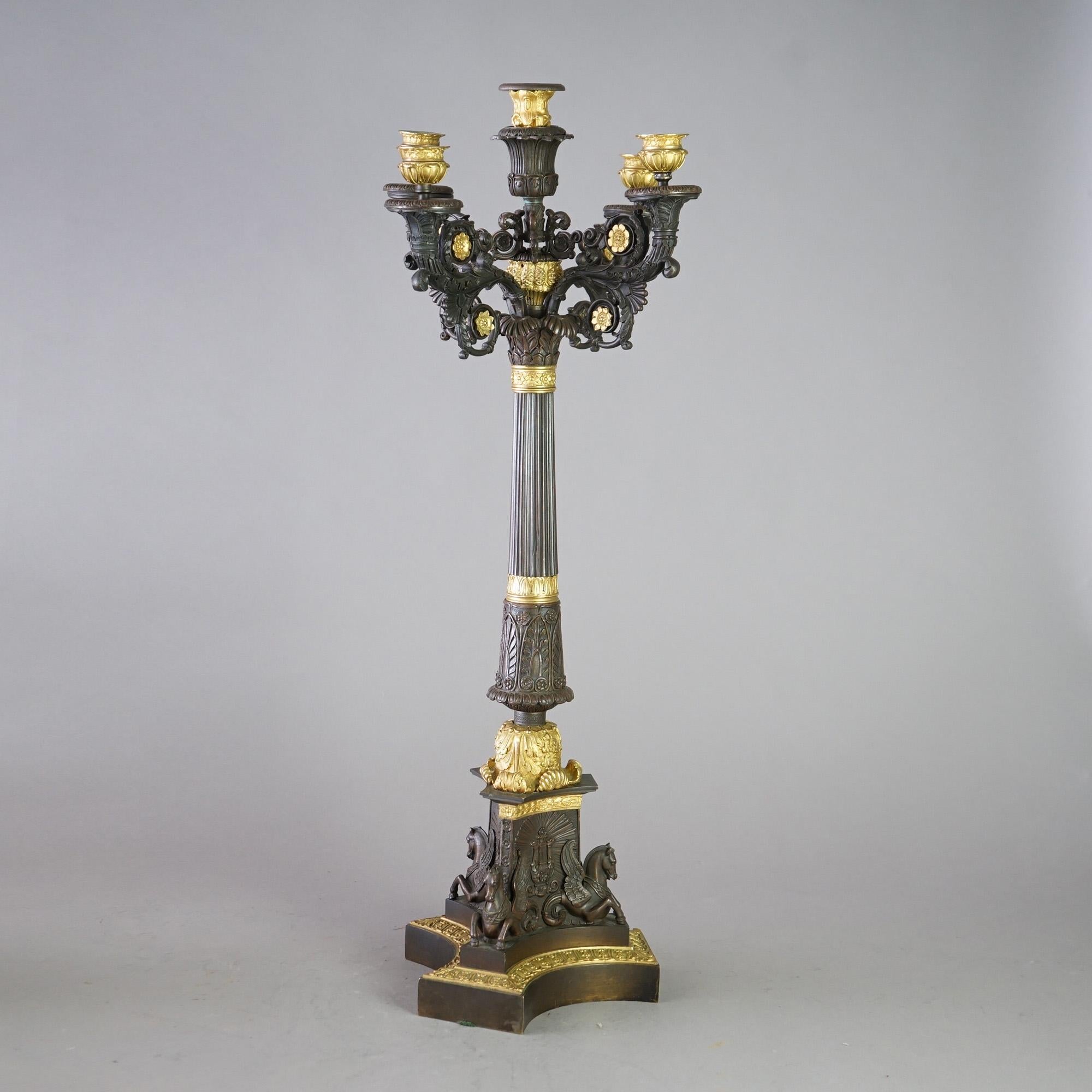 Antique Pair Large French Empire Parcel Gilt Bronze Figural Candelabras 19th C In Good Condition For Sale In Big Flats, NY