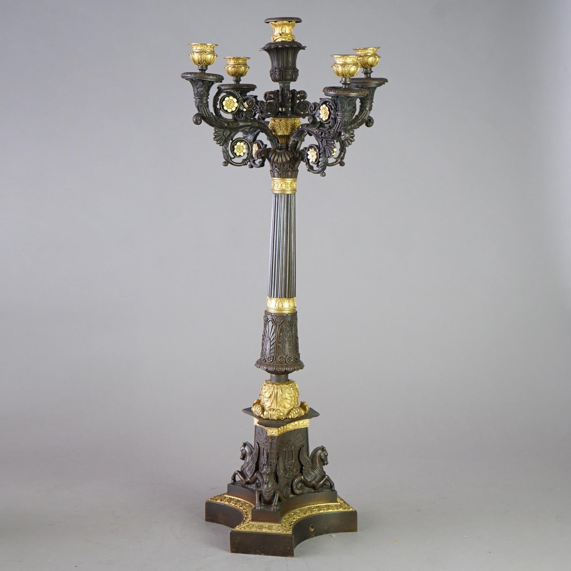 19th Century Antique Pair Large French Empire Parcel Gilt Bronze Figural Candelabras 19th C For Sale