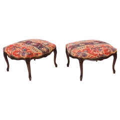 Antique Pair Large French Louis XIV Revival Walnut Stools 19th Century