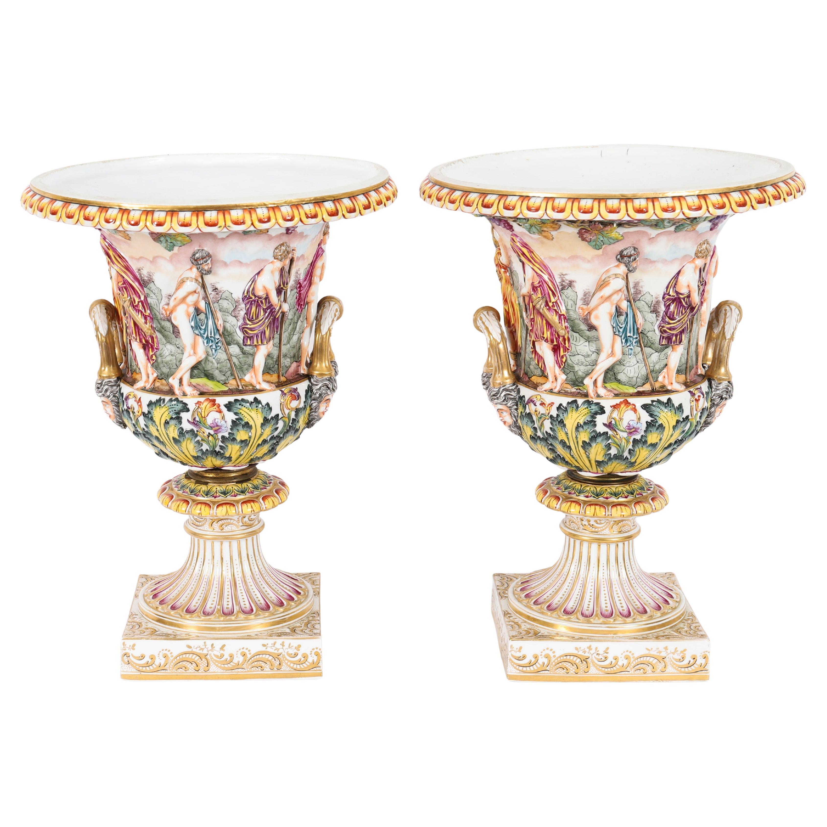 Antique Pair Large Italian Naples Capodimonte Urns / Vases 19th Century