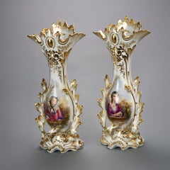Antique Pair Large Old Paris Porcelain Hand painted & Gilt Portrait Vases 19th C