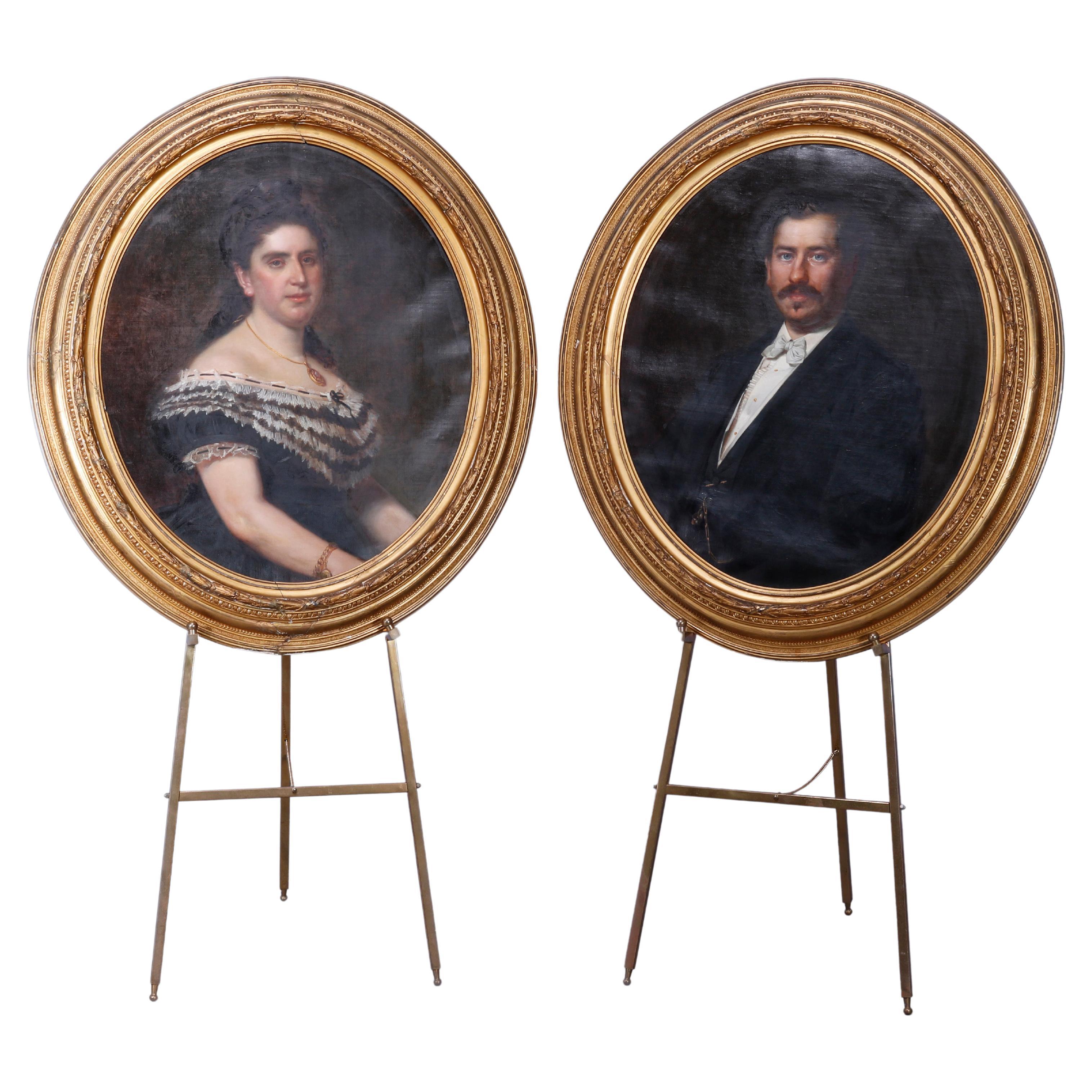 Antique Pair Large Portrait Paintings in First Finish Giltwood Frames, c1870