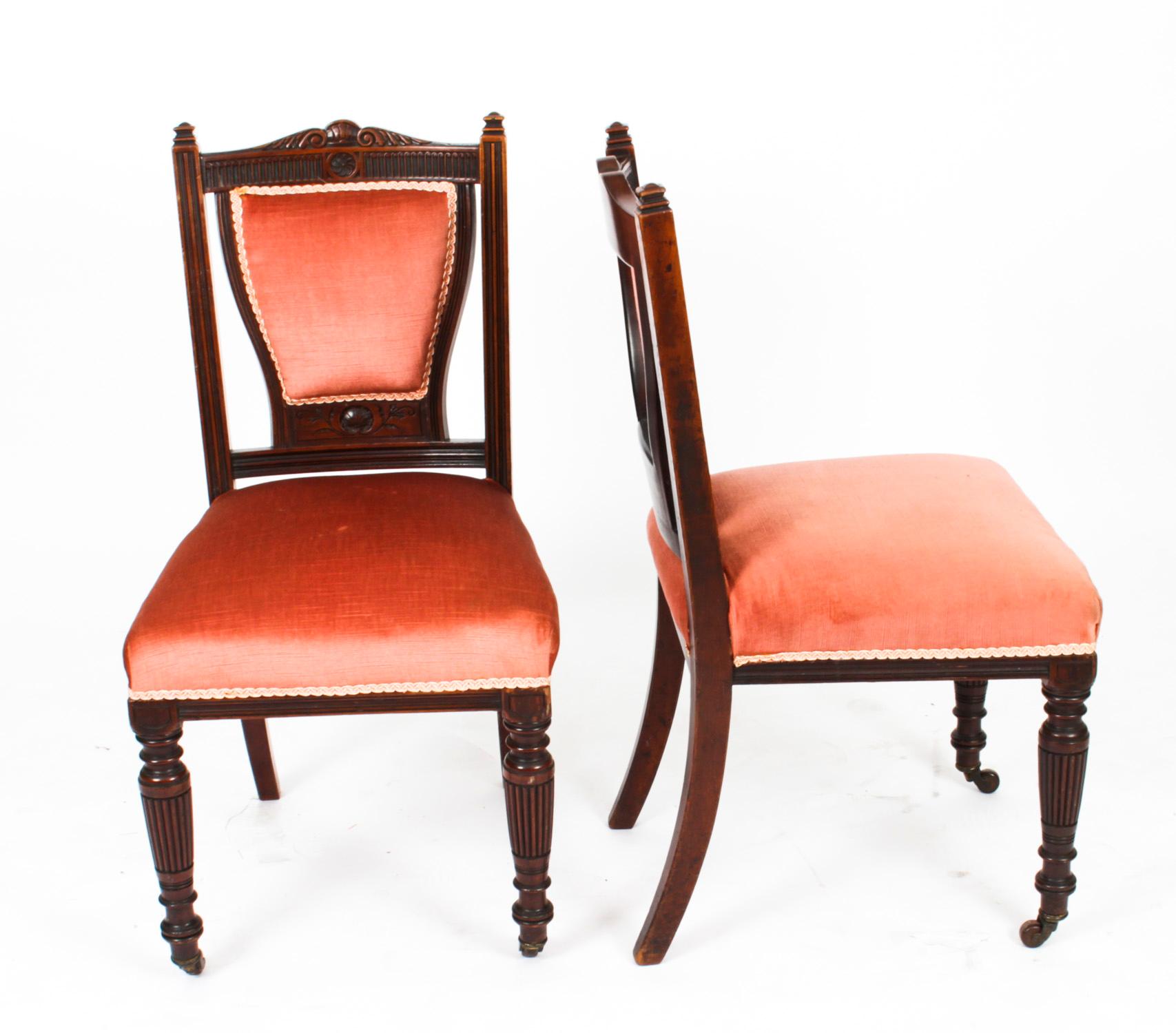 This is a beautiful bespoke antique pair of late Victorian side chairs, circa 1890 in date.

These chairs have been masterfully crafted in beautiful solid mahogany throughout and the finish and attention to detail on display are truly