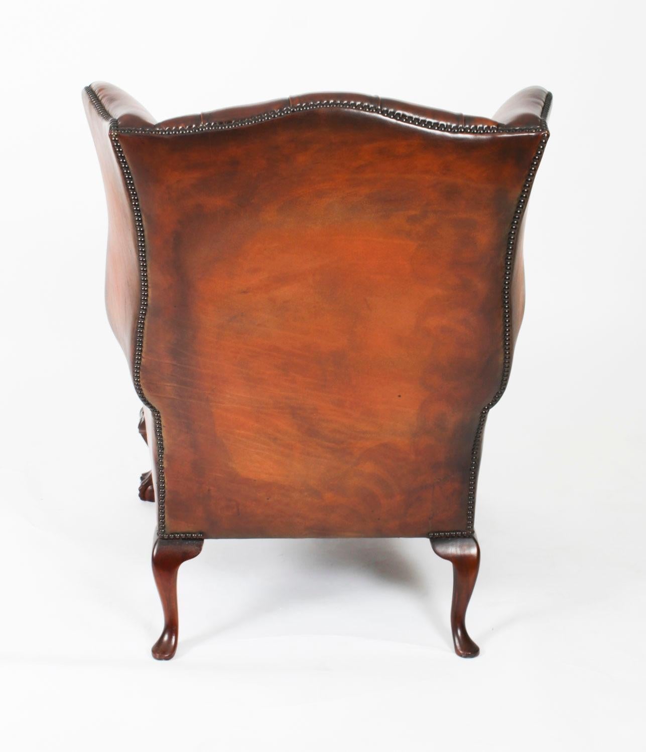 Antique Pair Leather Chippendale Revival Wingback Armchairs c.1920 20th Century For Sale 6