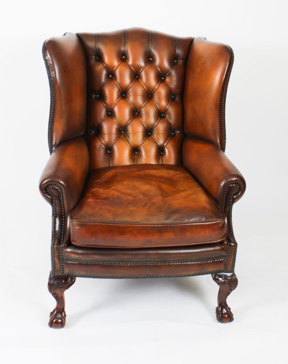 Antique Pair Leather Chippendale Revival Wingback Armchairs c.1920 20th Century For Sale 7